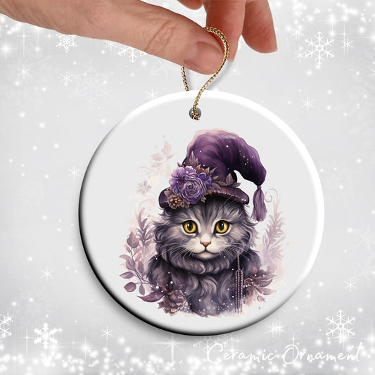 Purple Meowy Christmas Cat Ceramic Ornament 55-07