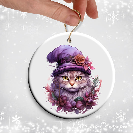 Purple Meowy Christmas Cat Ceramic Ornament 55-06