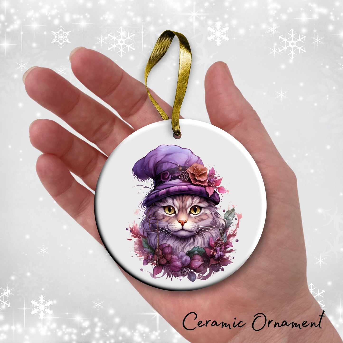 Purple Meowy Christmas Cat Ceramic Ornament 55-06
