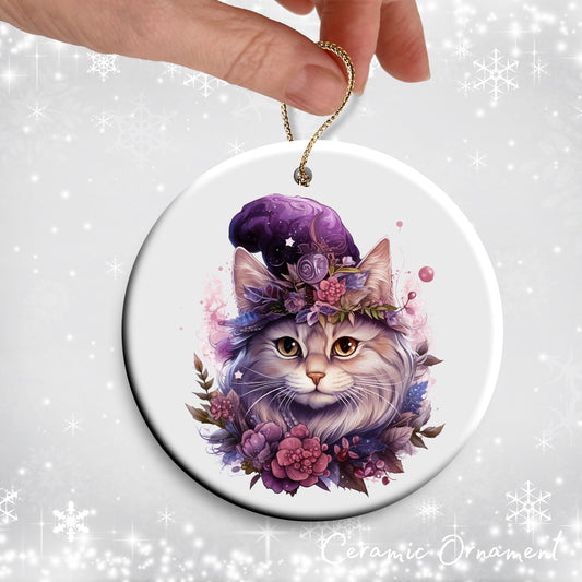 Purple Meowy Christmas Cat Ceramic Ornament 55-08