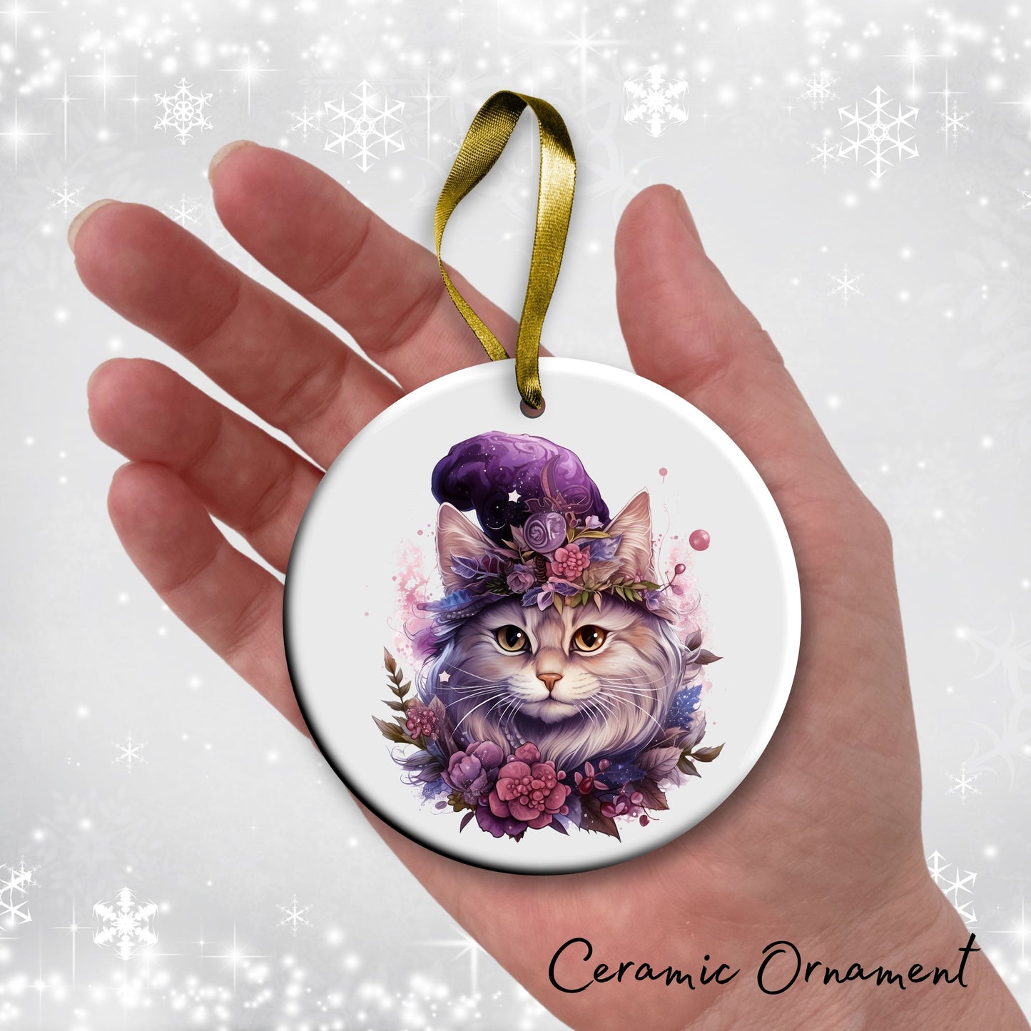 Purple Meowy Christmas Cat Ceramic Ornament 55-08