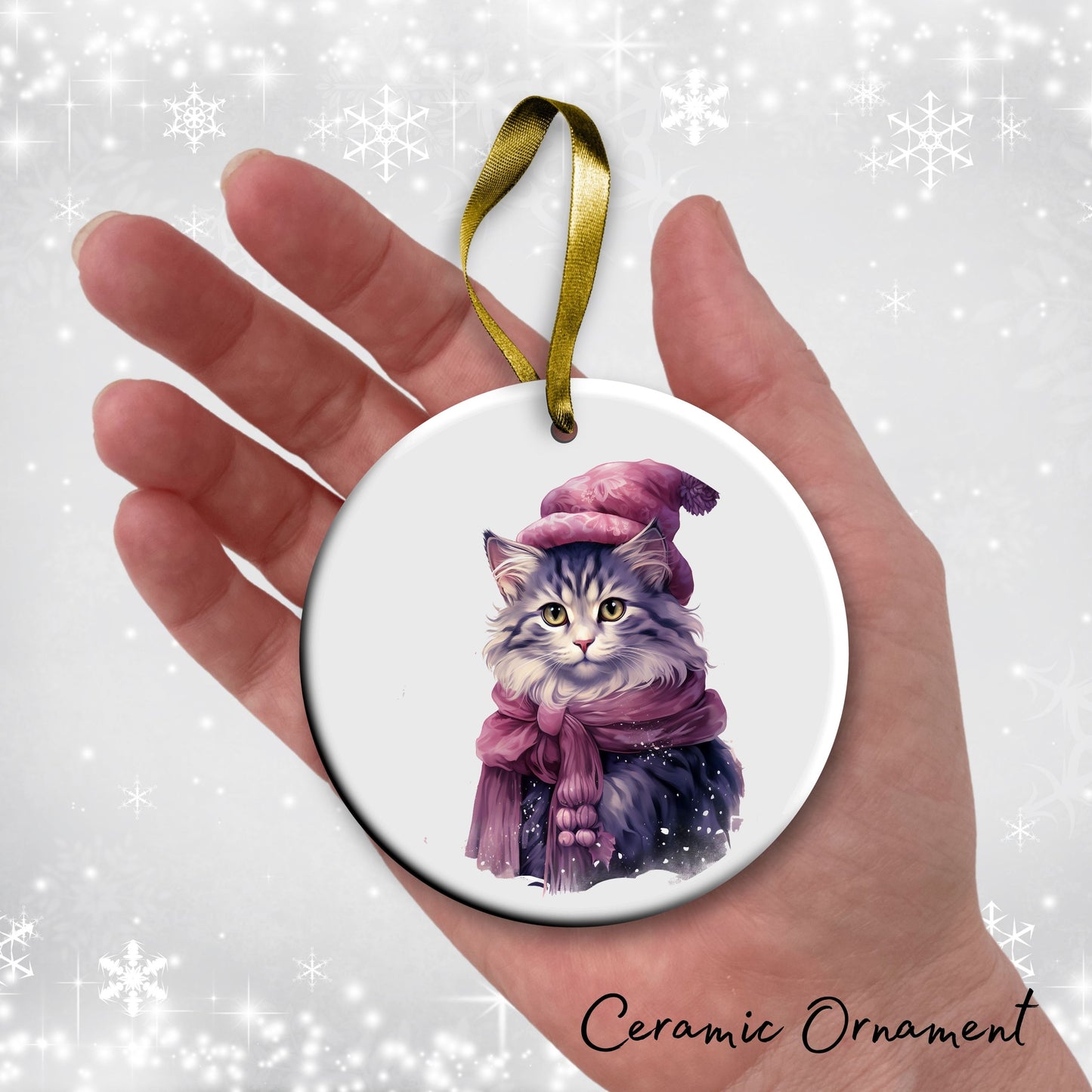 Purple Meowy Christmas Cat Ceramic Ornament 55-10