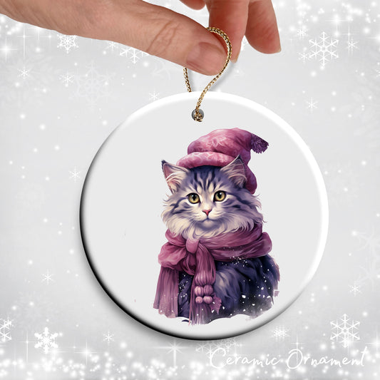 Purple Meowy Christmas Cat Ceramic Ornament 55-10