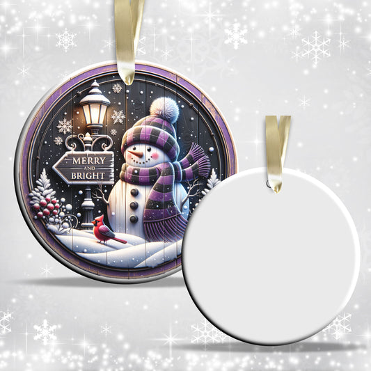 Rustic Merry and Bright Purple Snowman Ceramic Ornament 102-02
