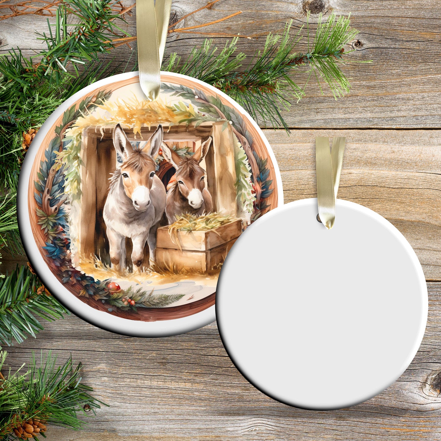 Christmas Nativity Ceramic Ornament 107-07 Manger with Donkeys