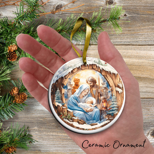 Christmas Nativity Ceramic Ornament 107-02 Mary Joseph Baby Jesus in Manger