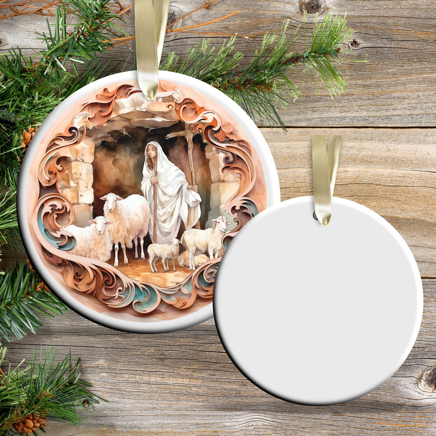 Christmas Nativity Ceramic Ornament 107-08 Angel with Sheep