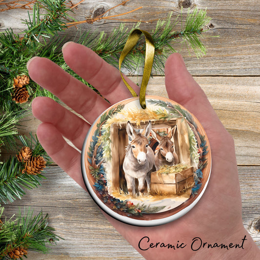 Christmas Nativity Ceramic Ornament 107-07 Manger with Donkeys