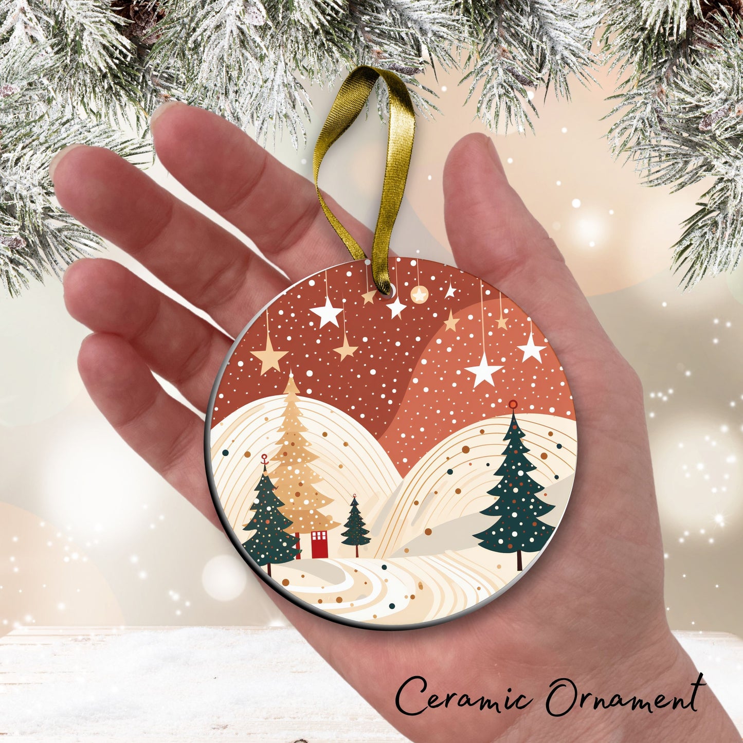 Nordic Watercolor Christmas Ceramic Ornament 43-13 Winter Scene