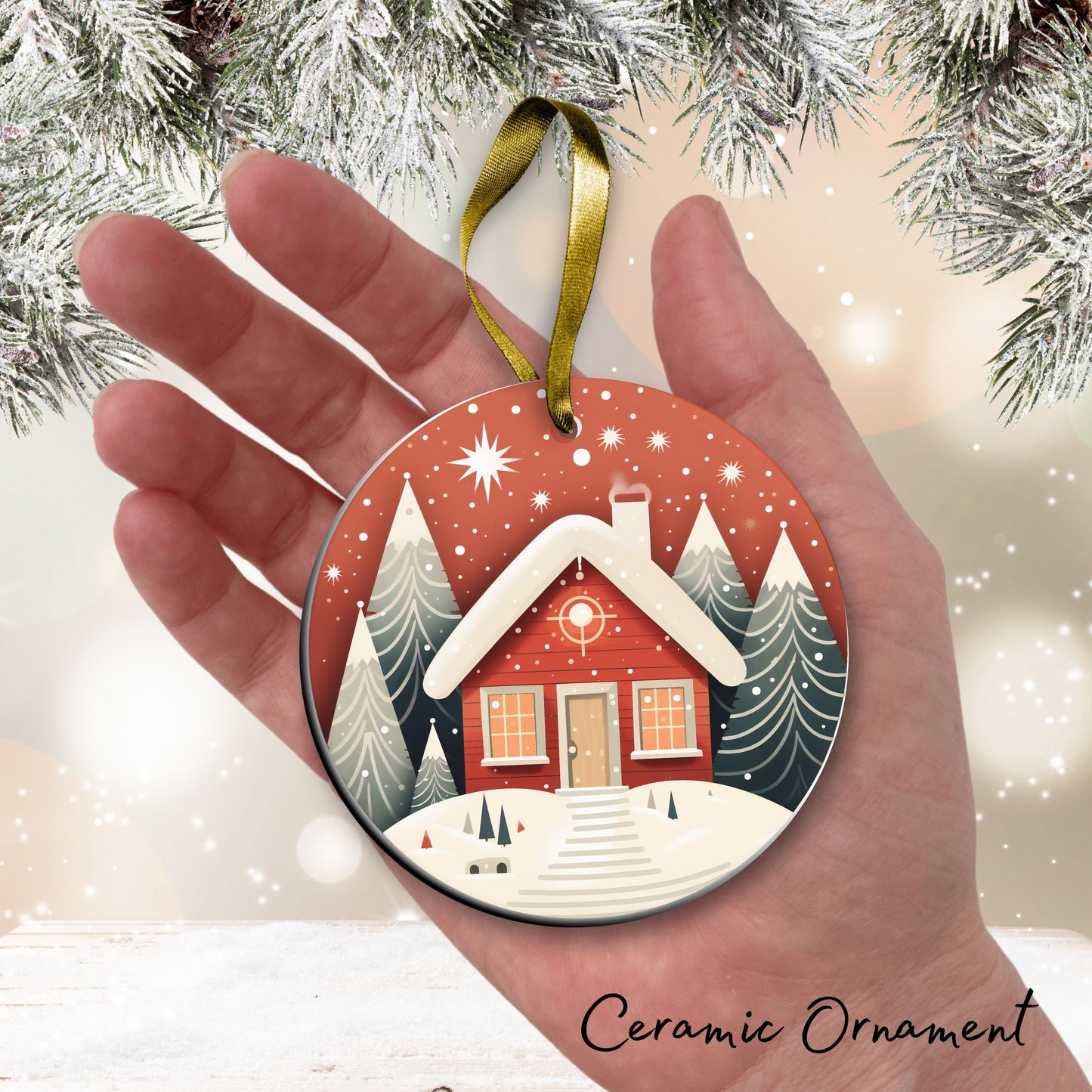 Nordic Watercolor Christmas Ceramic Ornament 43-14 House
