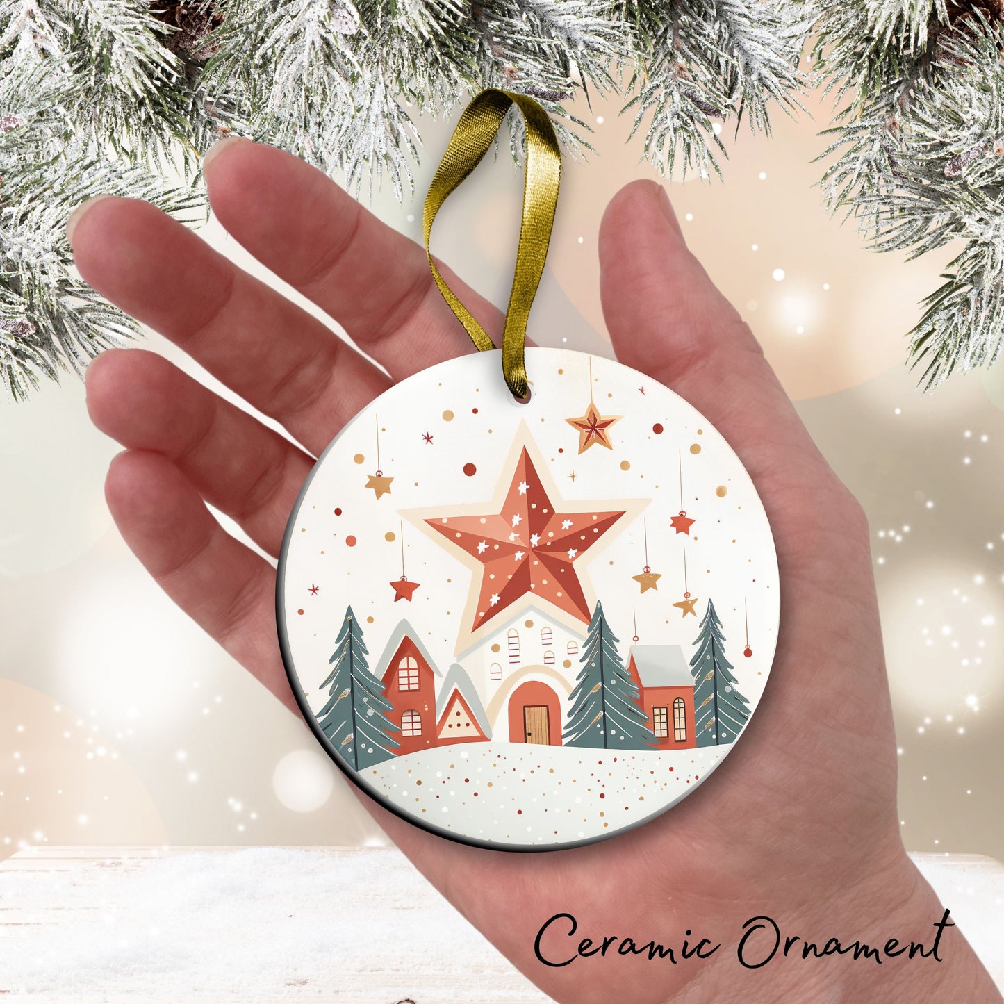 Nordic Watercolor Christmas Ceramic Ornament 43-16 Nativity Star
