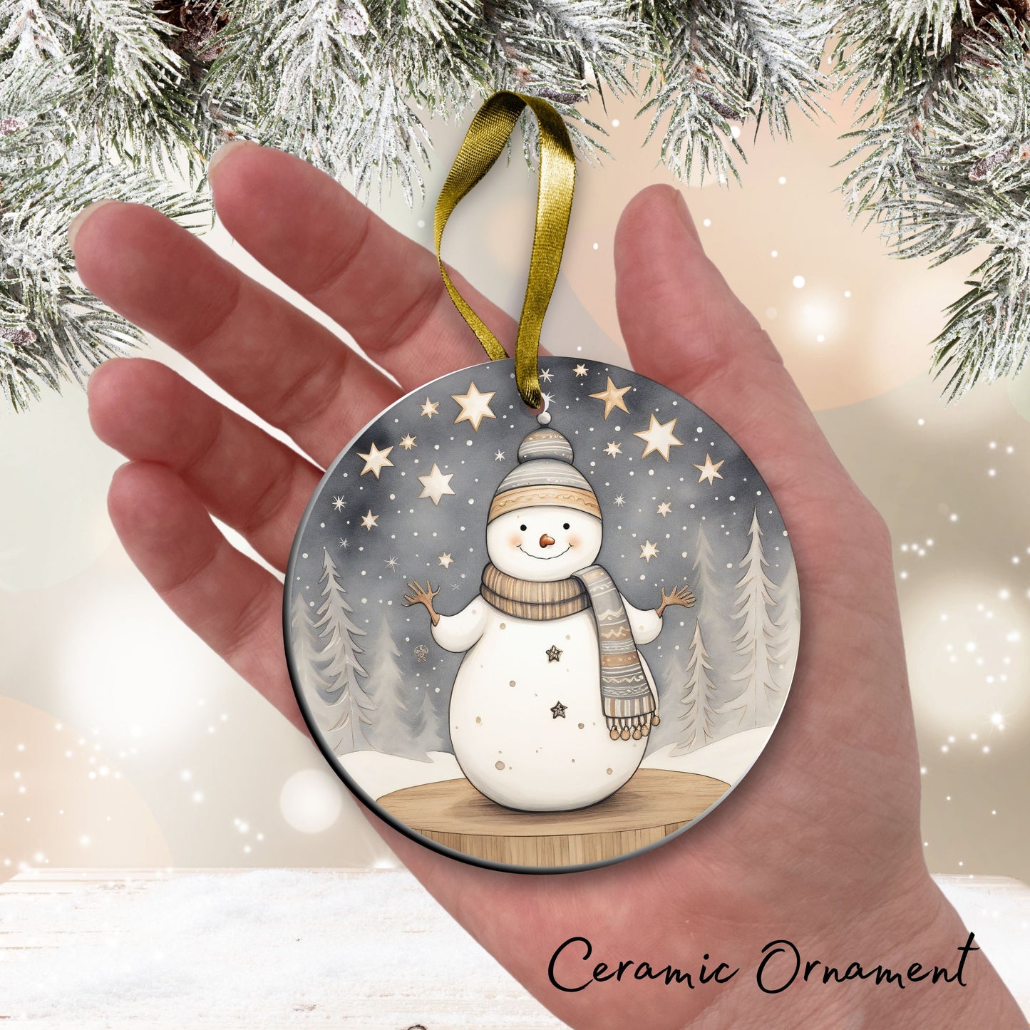 Nordic Watercolor Christmas Ceramic Ornament 43-01 Winter Snowman