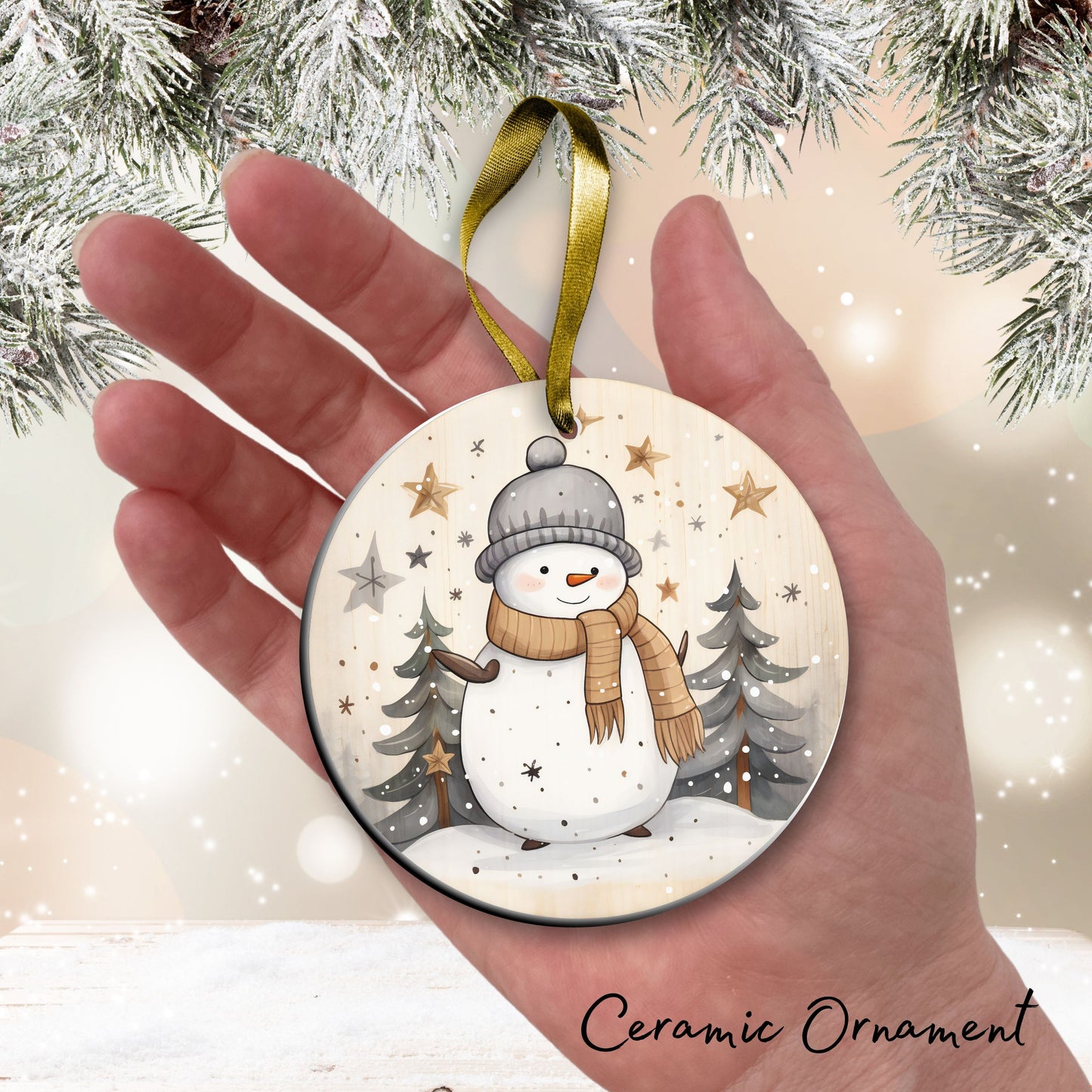 Nordic Watercolor Christmas Ceramic Ornament 43-03 Winter Snowman
