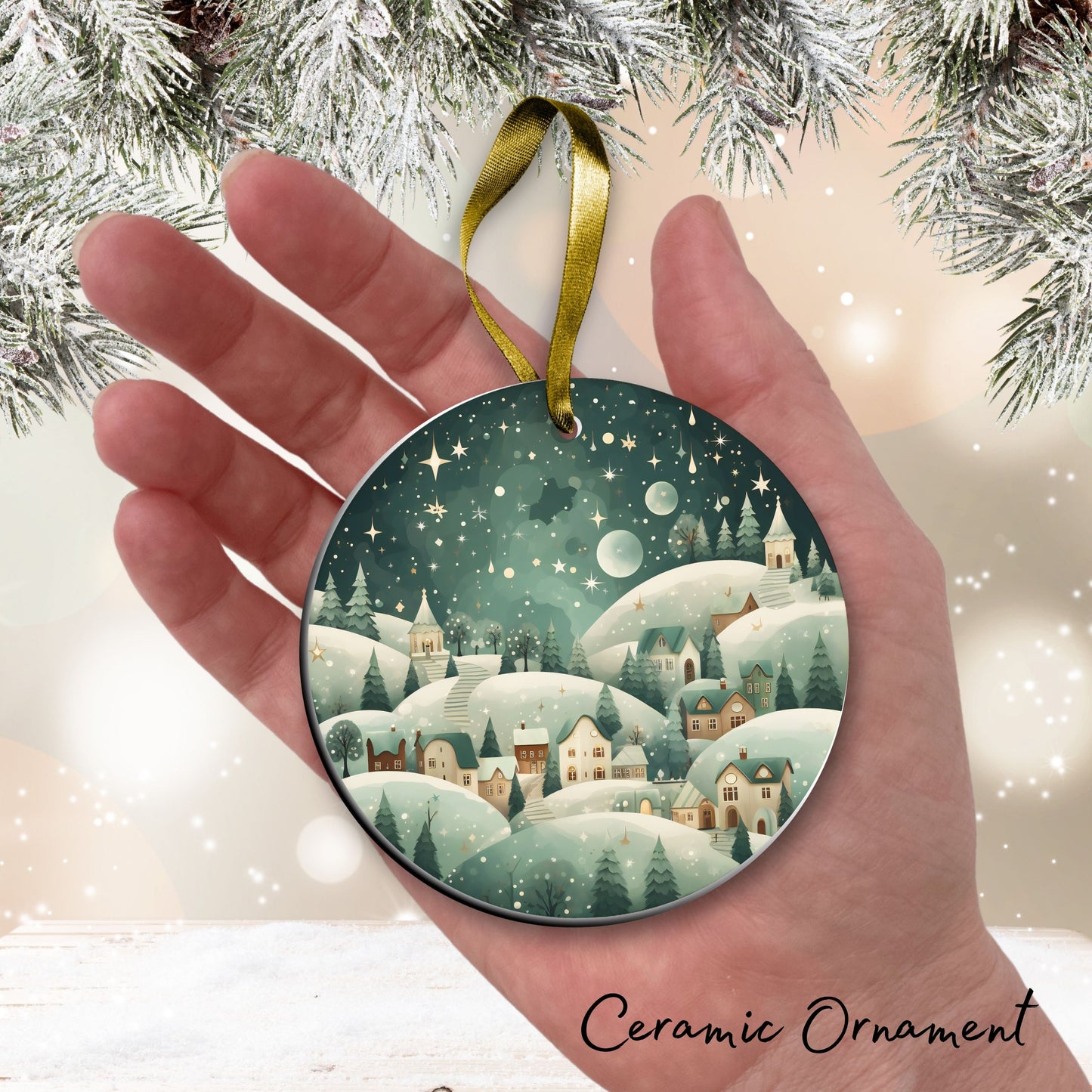 Nordic Watercolor Christmas Ceramic Ornament 43-21 Xmas Village