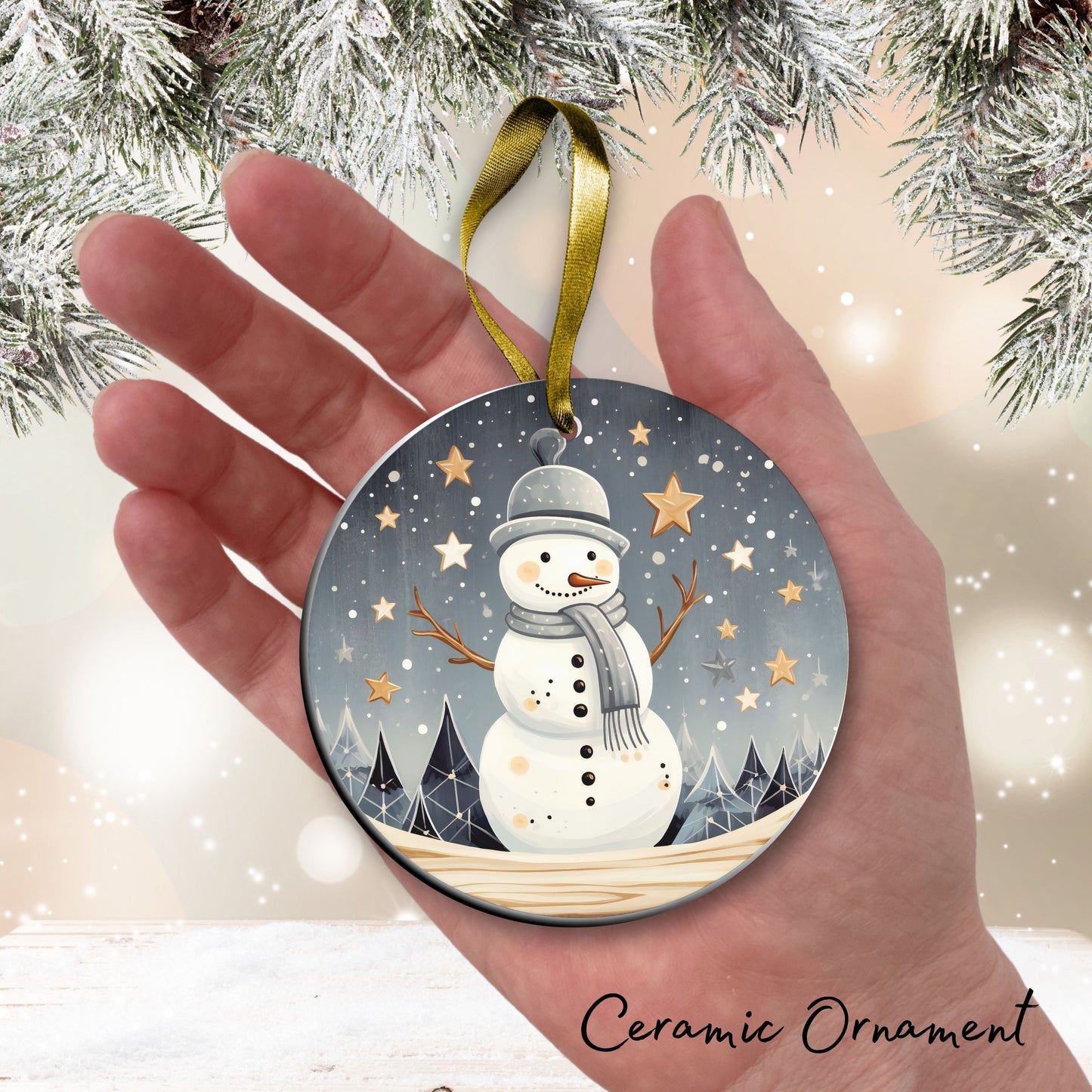 Nordic Watercolor Christmas Ceramic Ornament 43-05 Winter Snowman