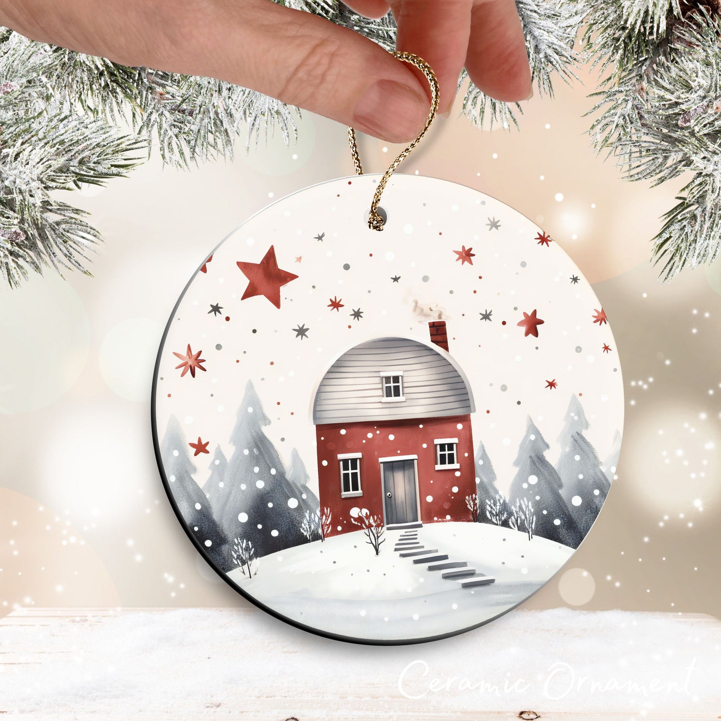 Nordic Watercolor Christmas Ceramic Ornament 43-06 Winter Scene