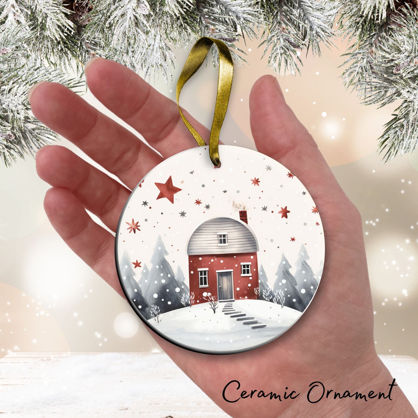 Nordic Watercolor Christmas Ceramic Ornament 43-06 Winter Scene