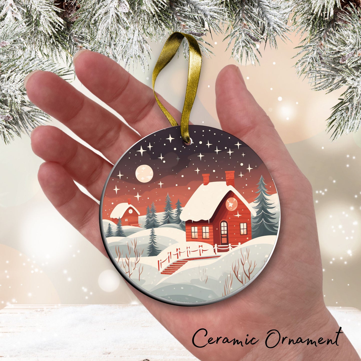 Nordic Watercolor Christmas Ceramic Ornament 43-08 Winter Scene