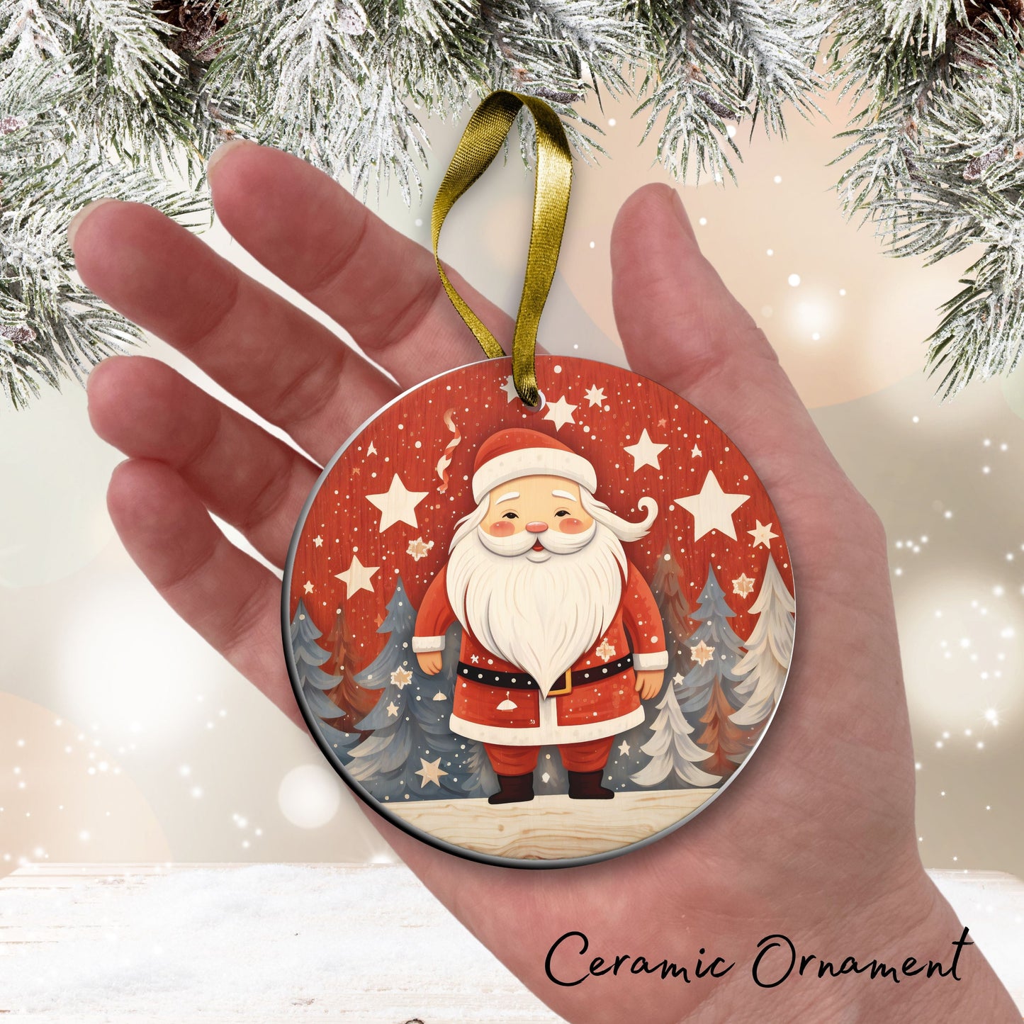 Nordic Watercolor Christmas Ceramic Ornament 43-09 Santa Claus