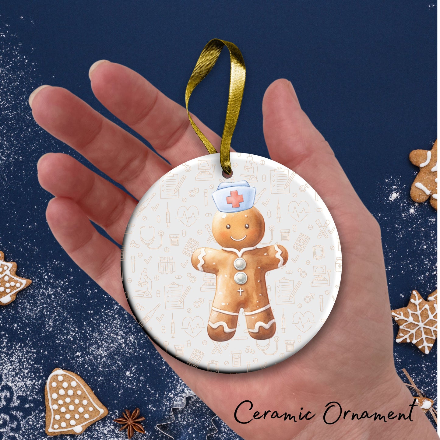 Watercolor Gingerbread Nurse Ceramic Christmas Ornament 72-06