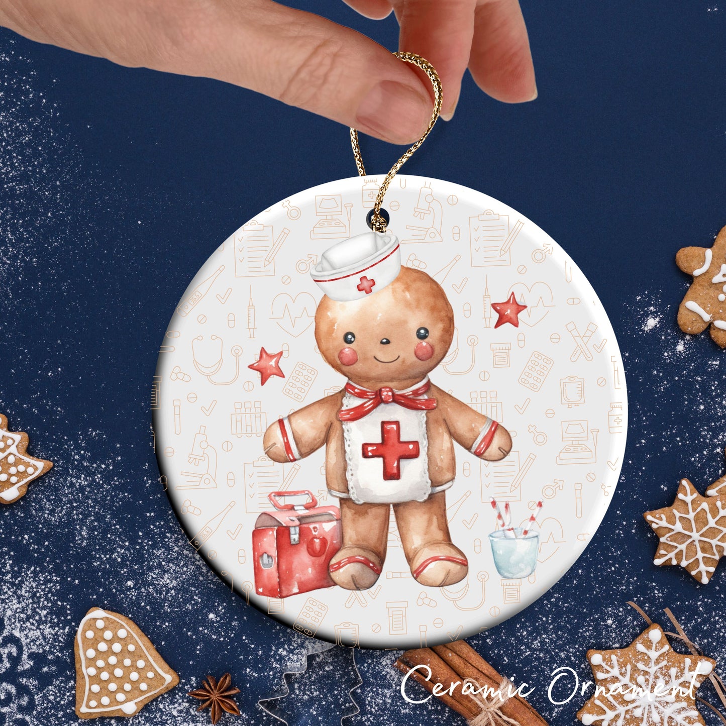 Watercolor Gingerbread Nurse Ceramic Christmas Ornament 72-09