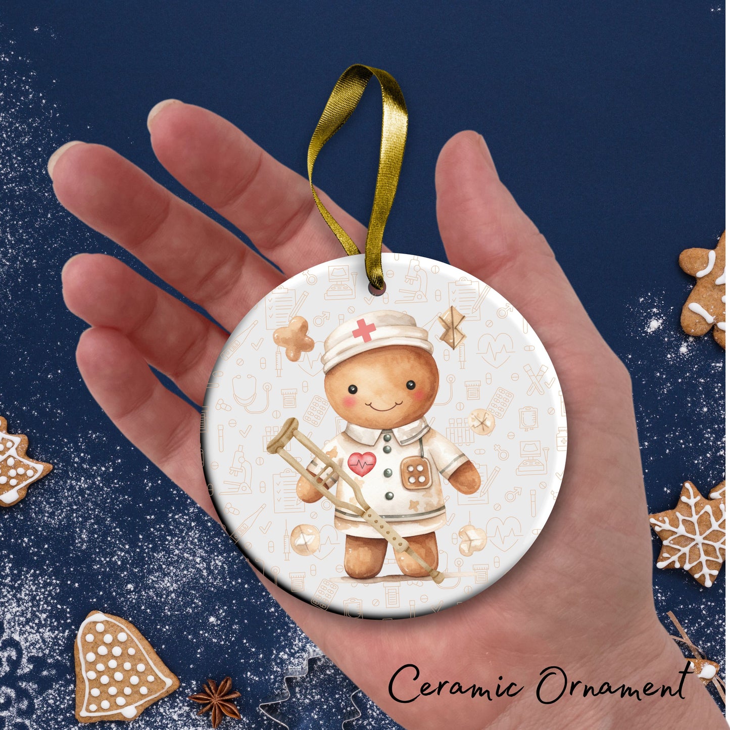 Watercolor Gingerbread Nurse Ceramic Christmas Ornament 72-14