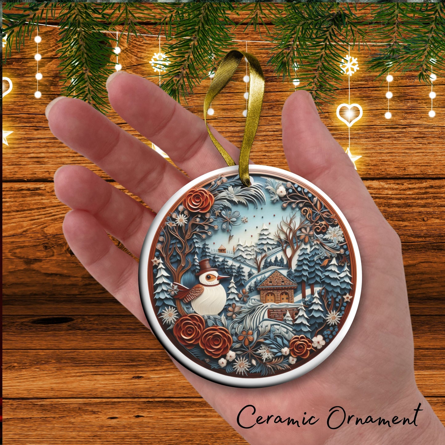 Oriental Bird Ceramic Ornament 61-03 Happy Holidays Keepsake Bauble
