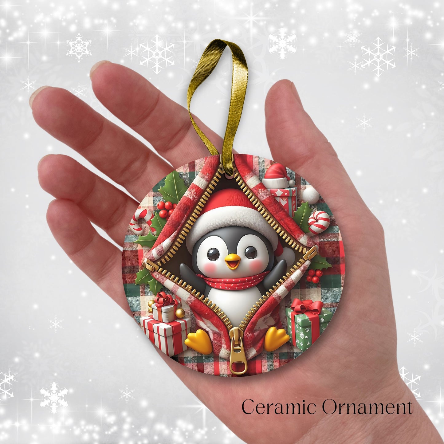 Cute Penguin 3D Zipper Ornament Christmas Plaid 78-05