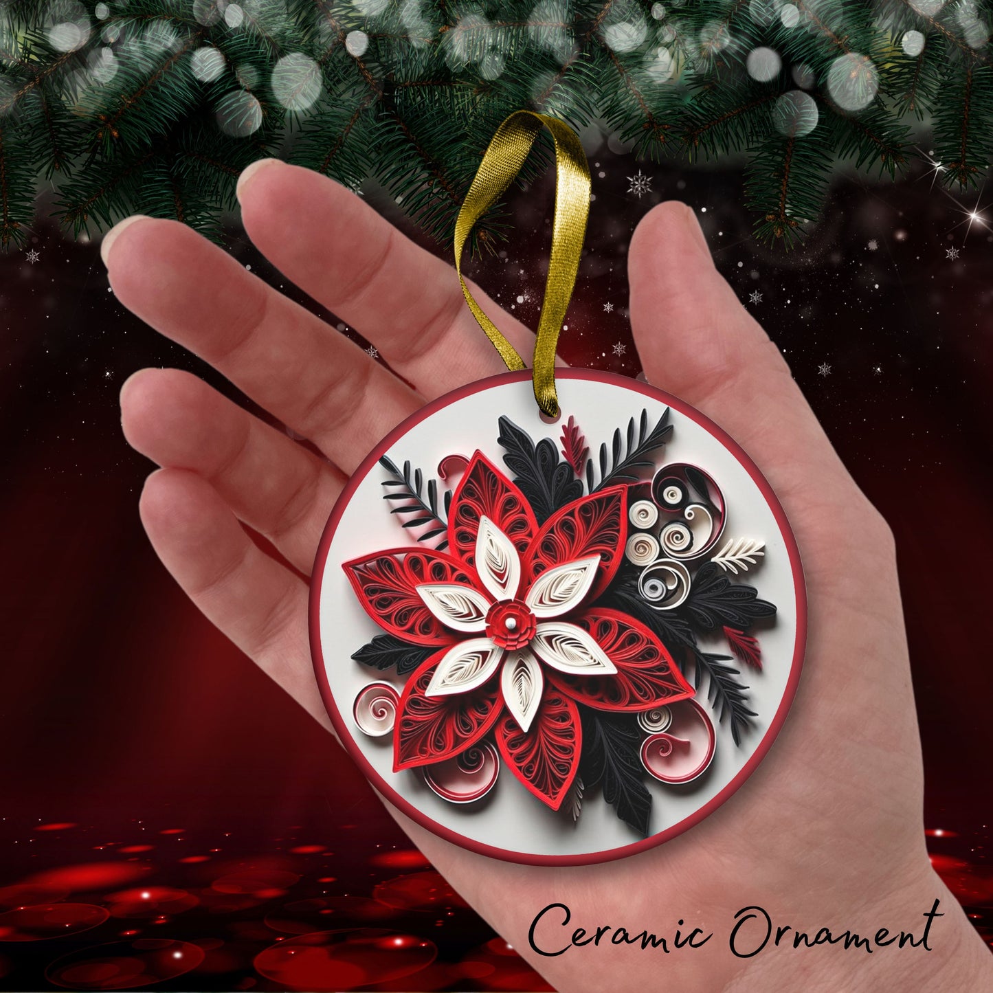 Red 3D Christmas Poinsettia Ceramic Ornament 06-03