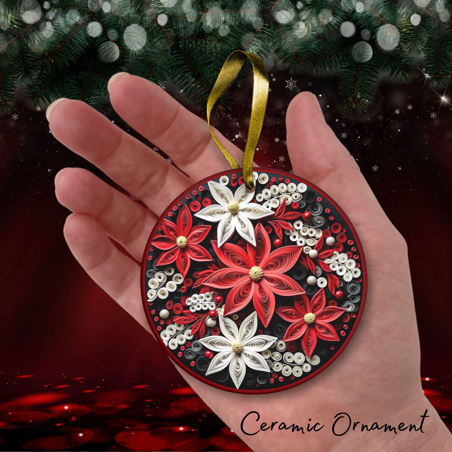 Red 3D Christmas Poinsettia Ceramic Ornament 06-04