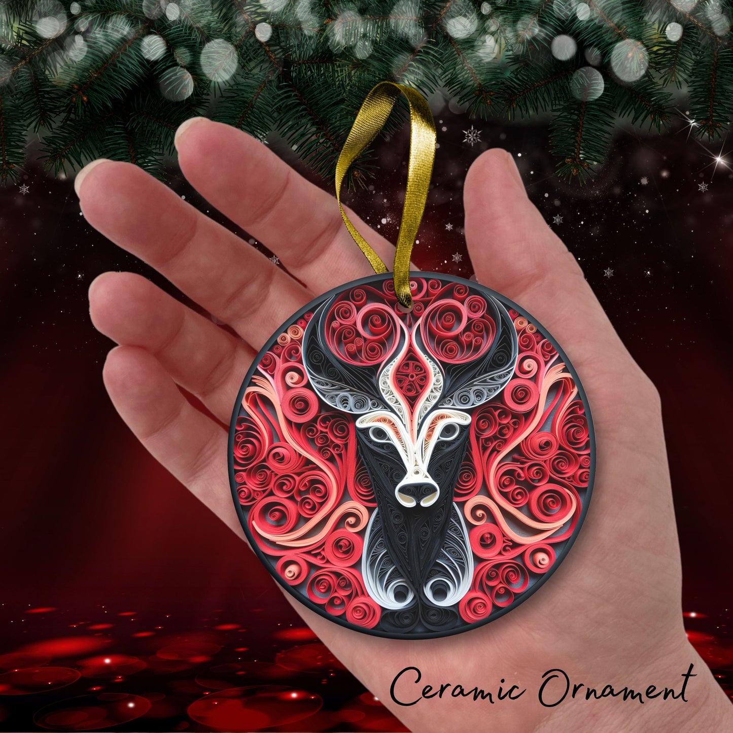 Red 3D Christmas Reindeer Ceramic Ornament 06-02
