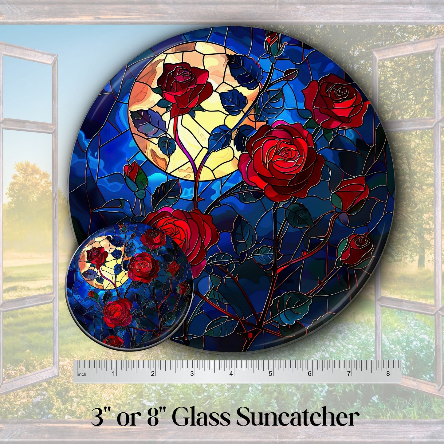 Unique Red Rose Dark Blues Glass Suncatcher Stained Glass 84-02