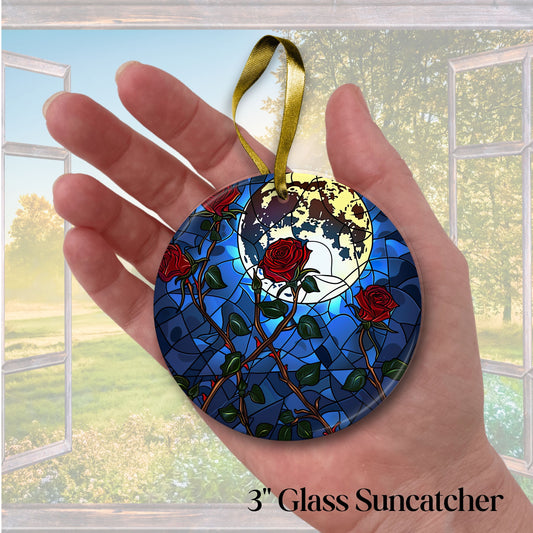 Unique Red Rose Dark Blues Glass Suncatcher Stained Glass 84-03