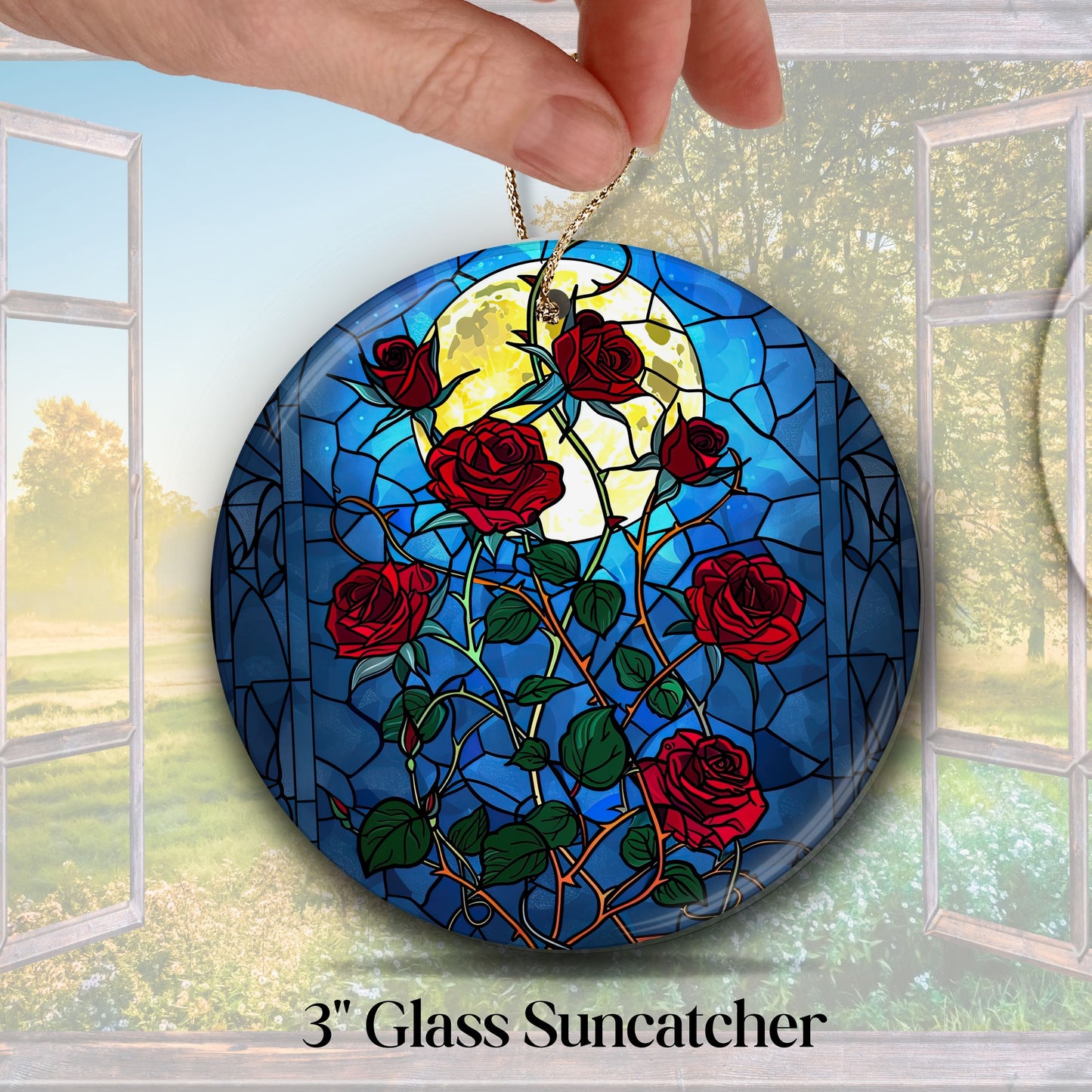 Unique Red Rose Dark Blues Glass Suncatcher Stained Glass 84-04