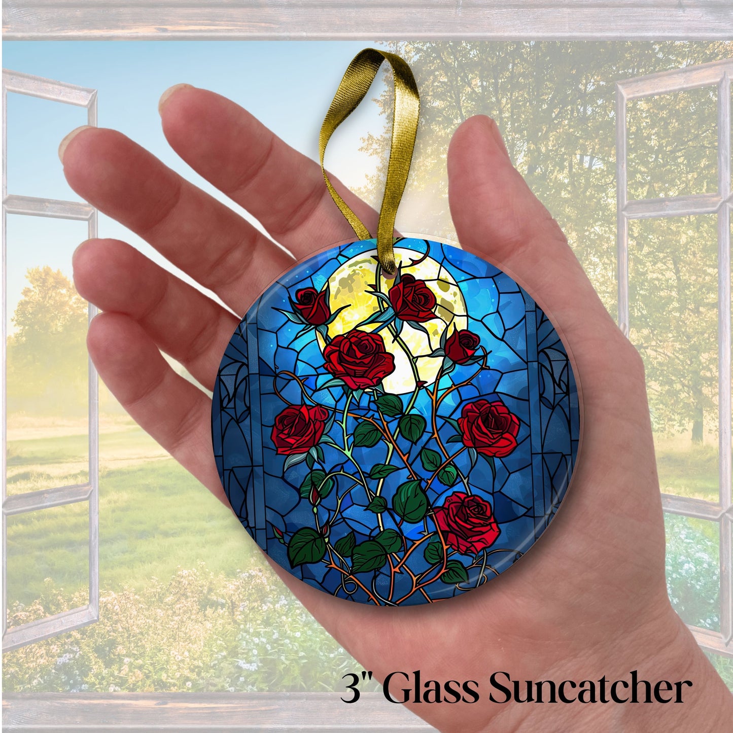 Unique Red Rose Dark Blues Glass Suncatcher Stained Glass 84-04
