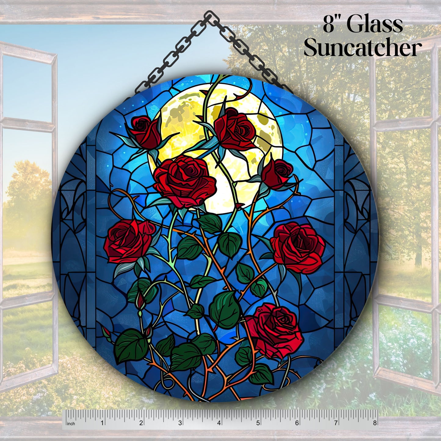 Unique Red Rose Dark Blues Glass Suncatcher Stained Glass 84-04