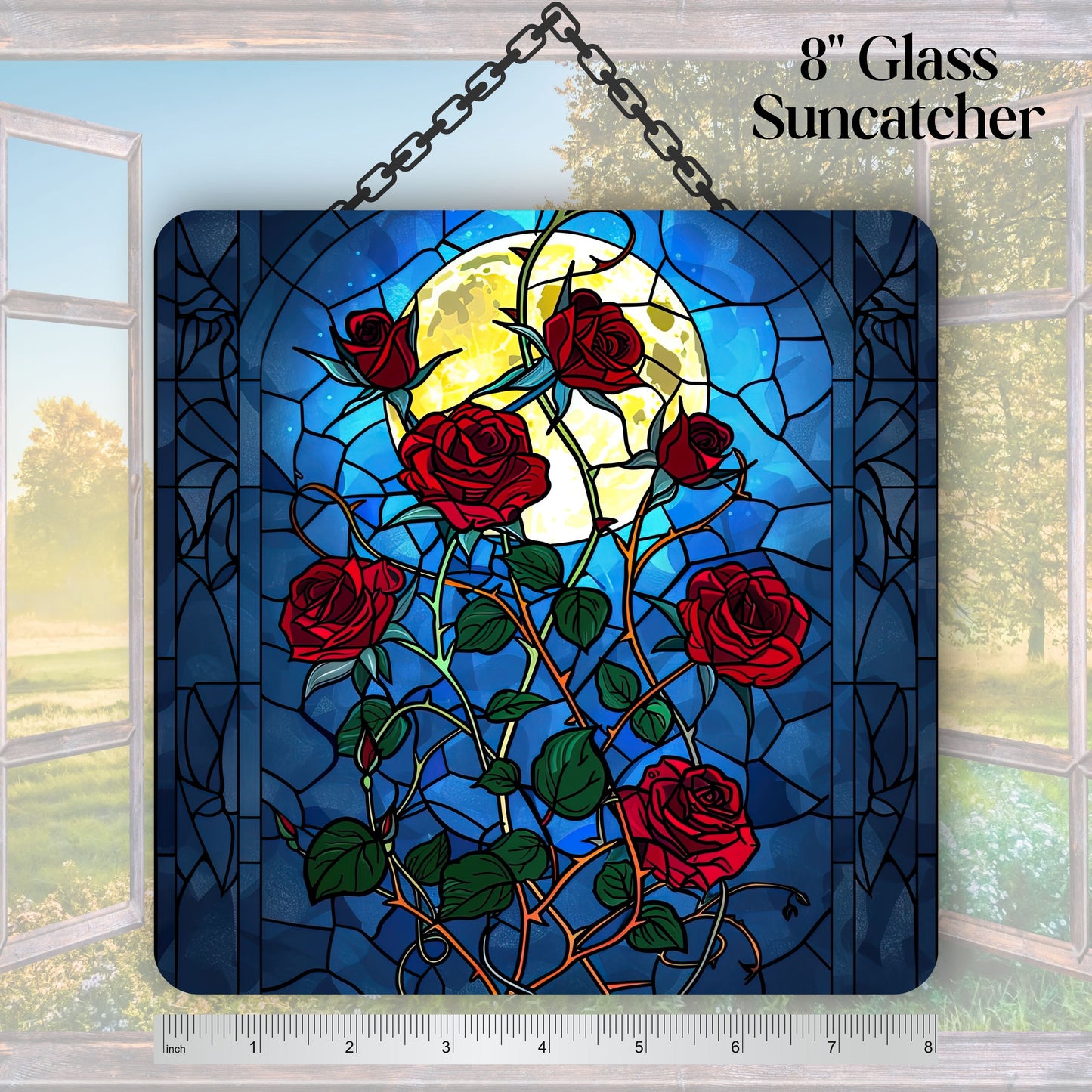Unique Red Rose Dark Blues Glass Suncatcher Stained Glass 84-04