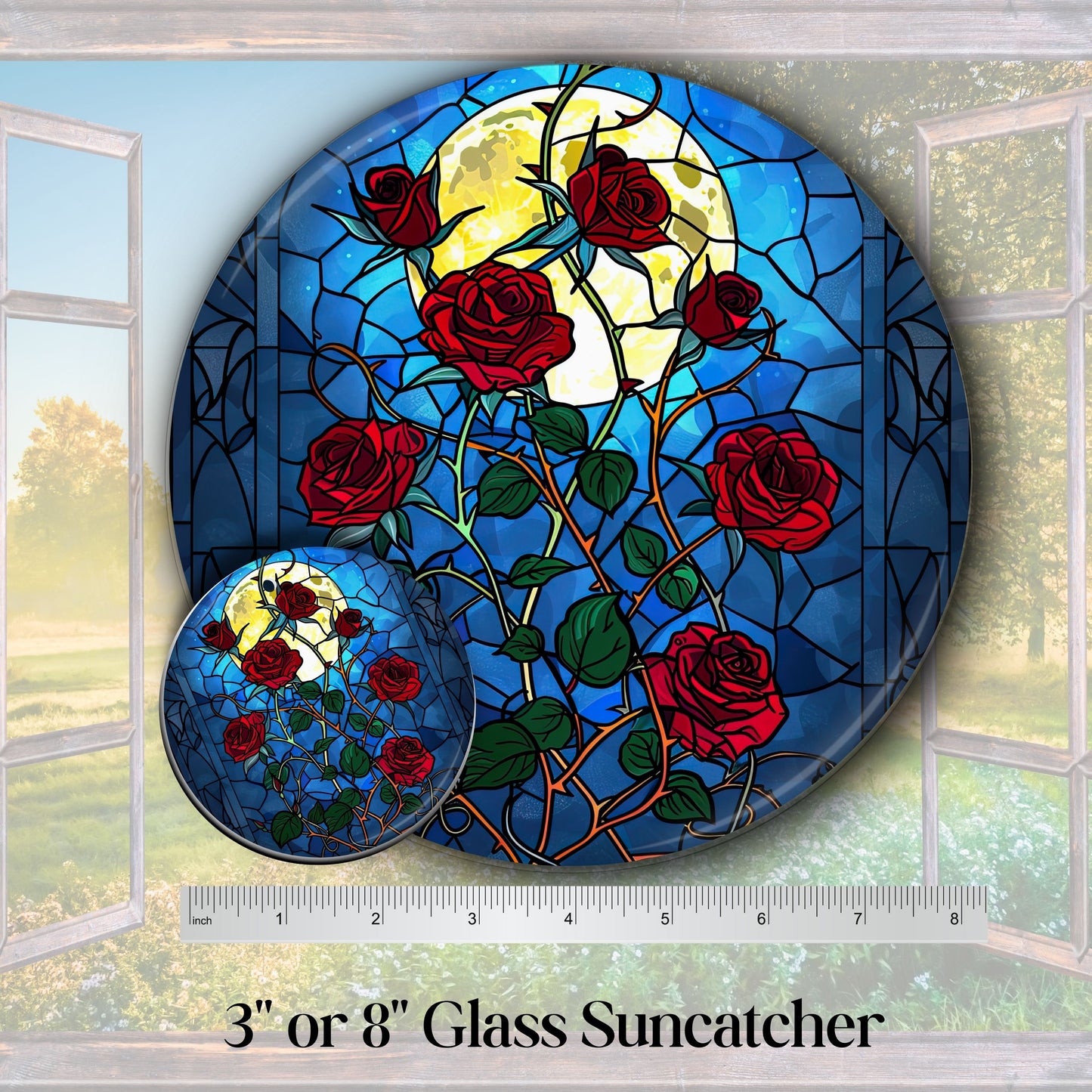 Unique Red Rose Dark Blues Glass Suncatcher Stained Glass 84-04