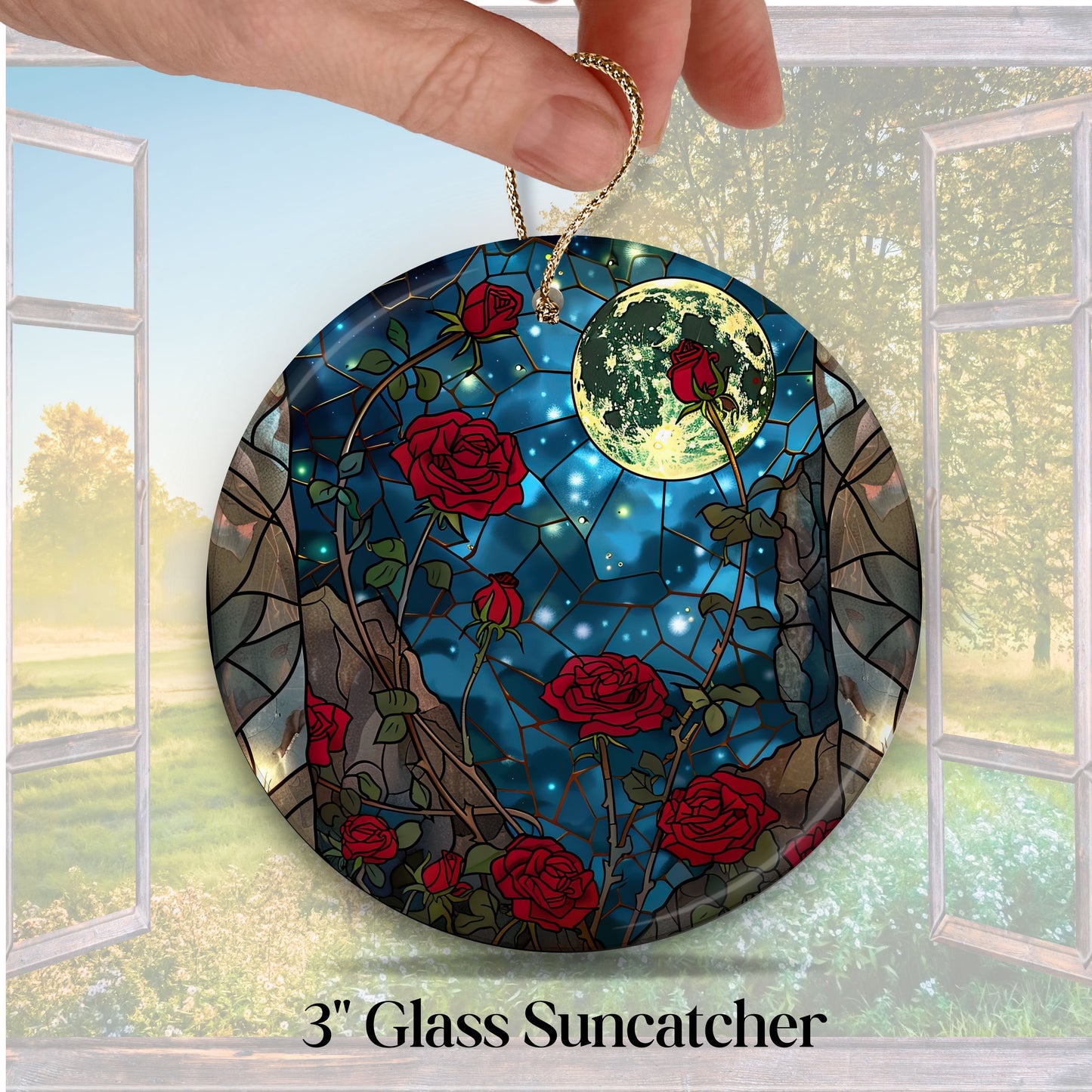 Unique Red Rose Dark Blues Glass Suncatcher Stained Glass 84-05