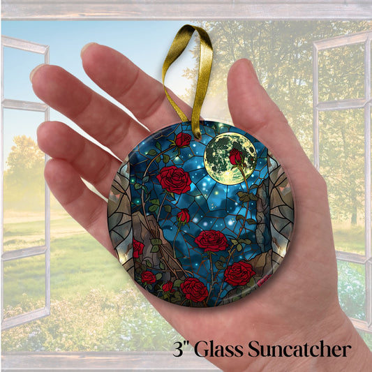 Unique Red Rose Dark Blues Glass Suncatcher Stained Glass 84-05