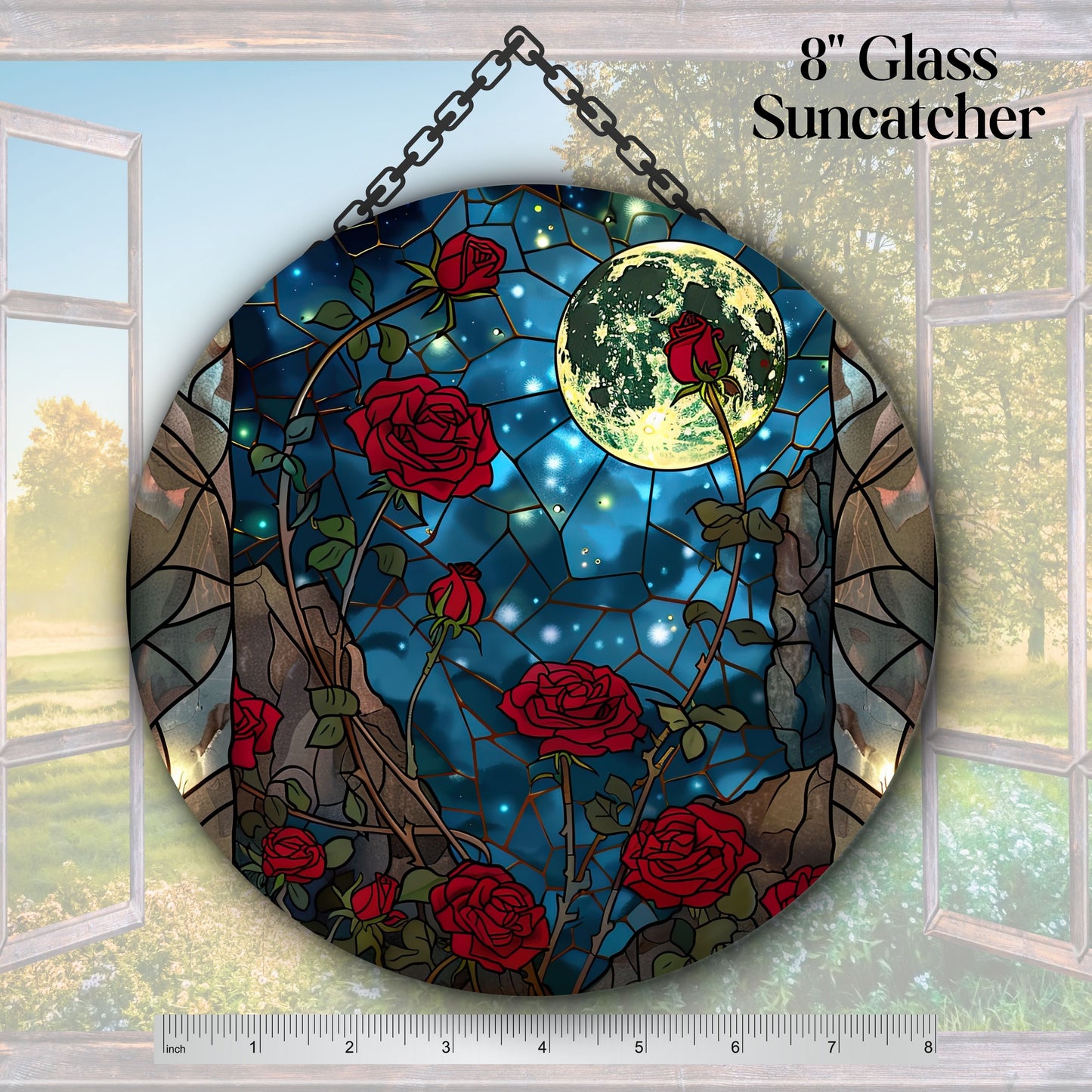 Unique Red Rose Dark Blues Glass Suncatcher Stained Glass 84-05
