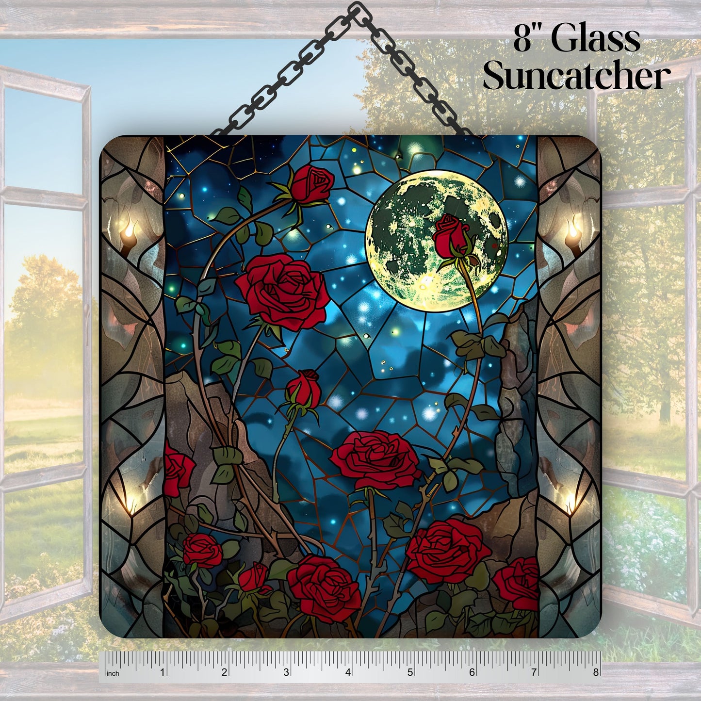 Unique Red Rose Dark Blues Glass Suncatcher Stained Glass 84-05