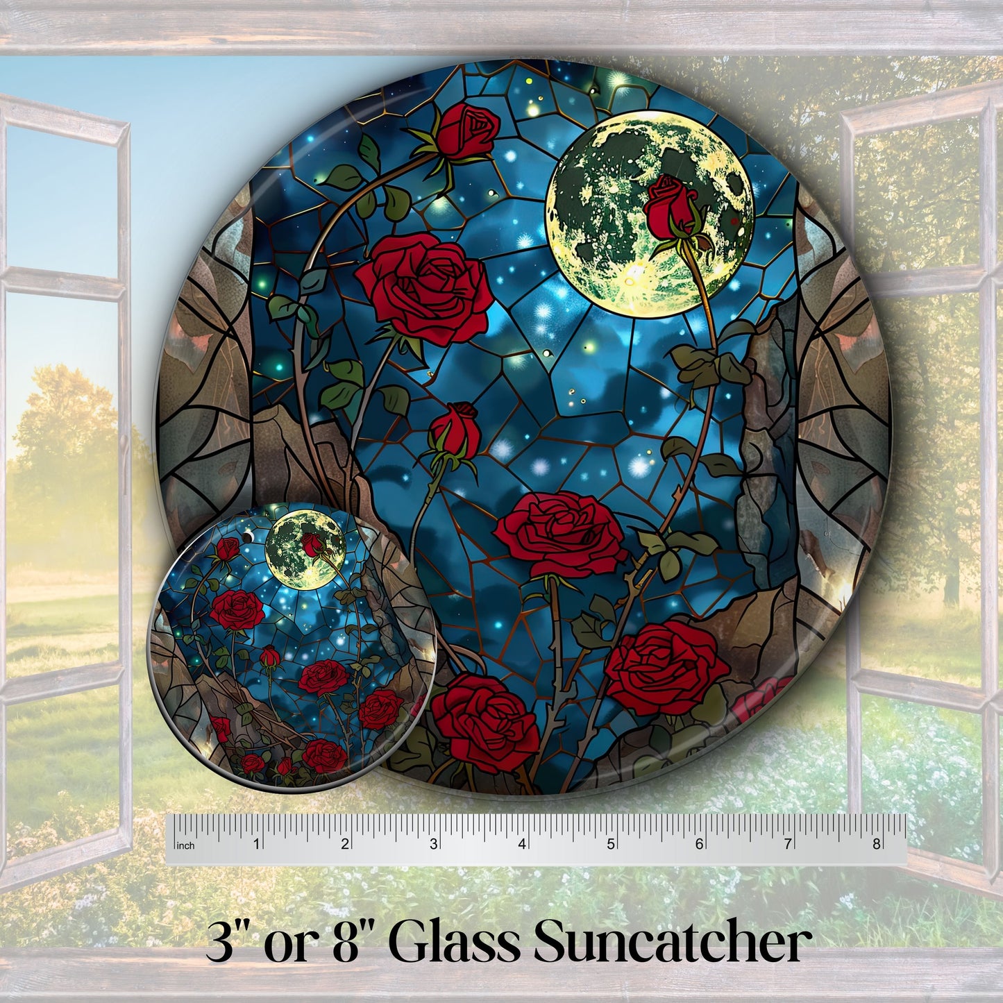 Unique Red Rose Dark Blues Glass Suncatcher Stained Glass 84-05