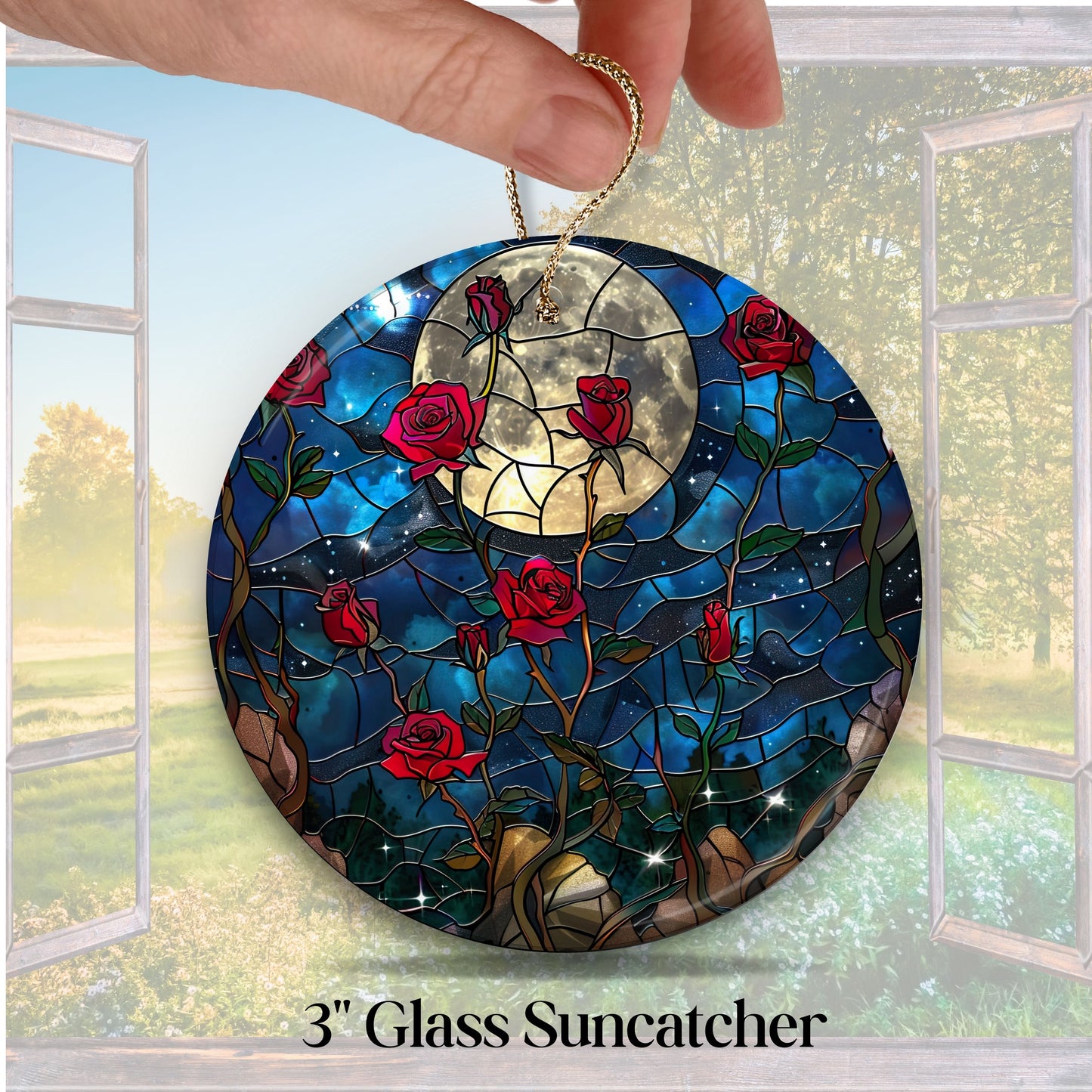Unique Red Rose Dark Blues Glass Suncatcher Stained Glass 84-06
