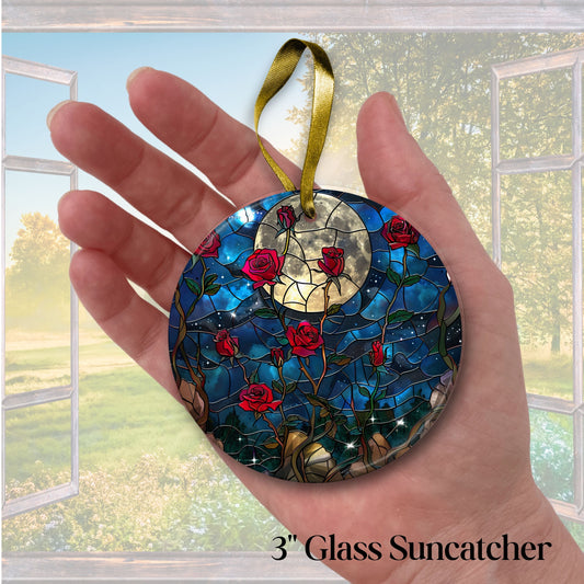 Unique Red Rose Dark Blues Glass Suncatcher Stained Glass 84-06