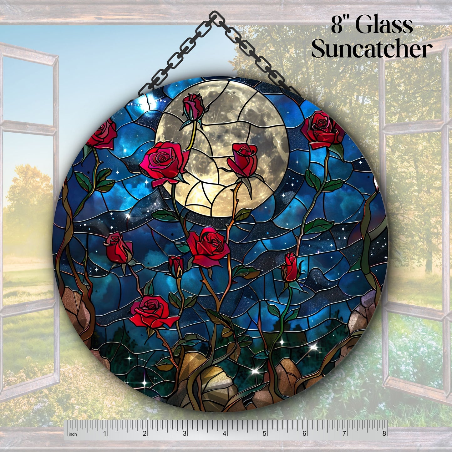 Unique Red Rose Dark Blues Glass Suncatcher Stained Glass 84-06
