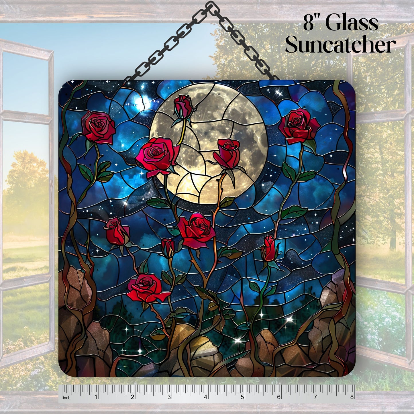 Unique Red Rose Dark Blues Glass Suncatcher Stained Glass 84-06
