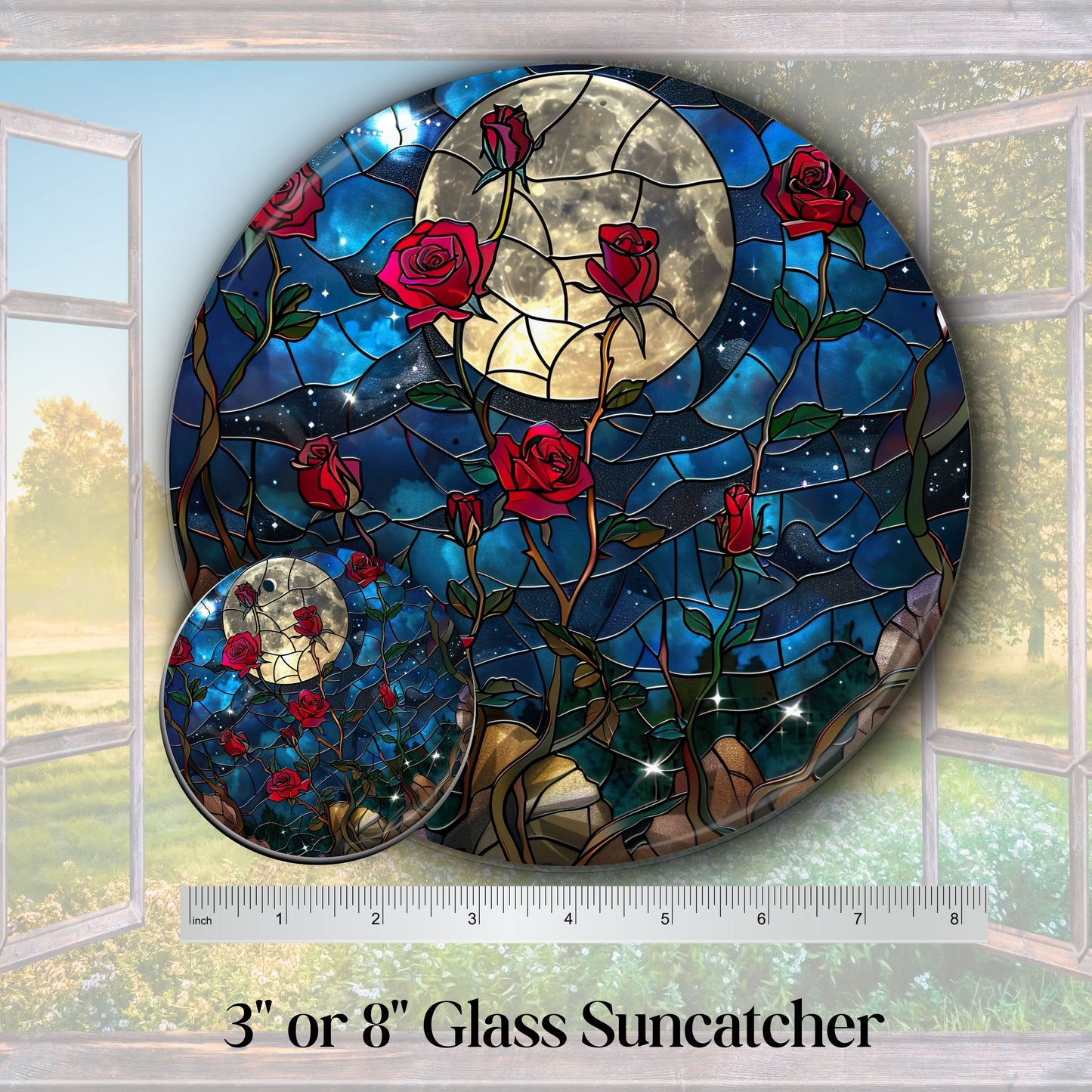 Unique Red Rose Dark Blues Glass Suncatcher Stained Glass 84-06