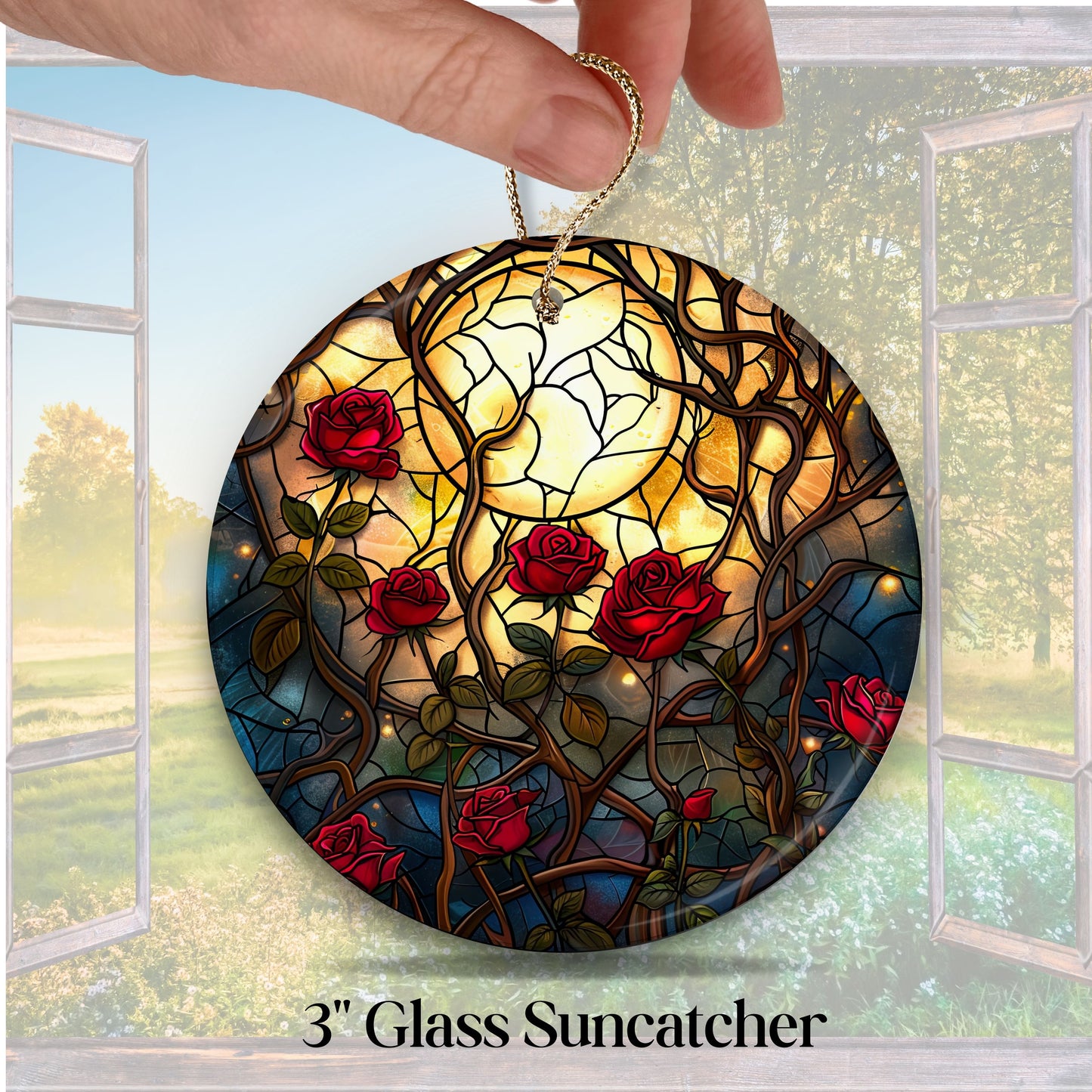 Unique Red Rose Dark Blues Glass Suncatcher Stained Glass 84-07