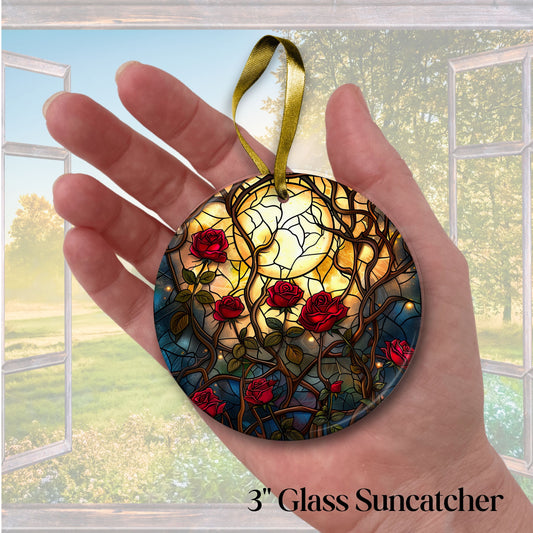 Unique Red Rose Dark Blues Glass Suncatcher Stained Glass 84-07